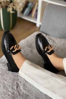 Zincirli Siyah Rugan Loafer Ayakkabı